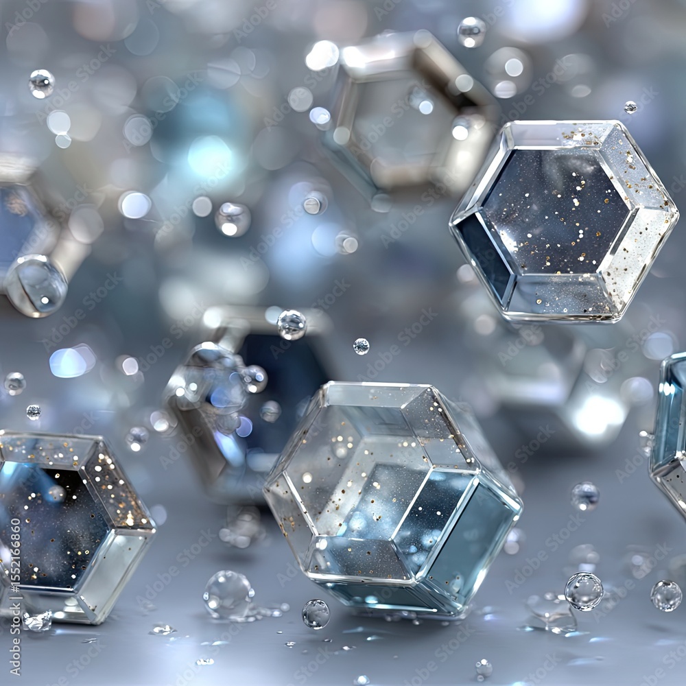 Poster floating hexagonal crystals with shimmering glitter
