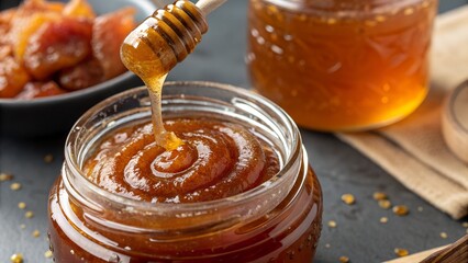 A delicious close-up shot of thick, golden amber honey dripping from a wooden honey dipper into a glass jar