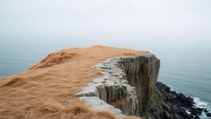 Misty Coastal Cliff with Golden Grass
