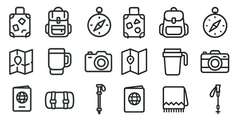 Travel and adventure line icons set – linear, outline, exploration and journey symbols