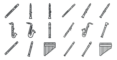 Naklejka premium Woodwind instruments outline icons set – linear, minimalist, music and band symbols