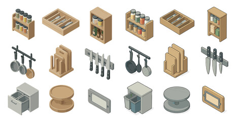 Kitchen and dining isometric icons set – flat, culinary, cookware essentials