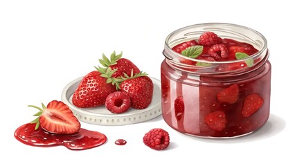 A detailed and realistic illustration of homemade strawberry and raspberry jam in an open glass jar, isolated on a white background.