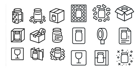 Pharmaceutical and packaging outline icons set – flat, linear, medicine symbols