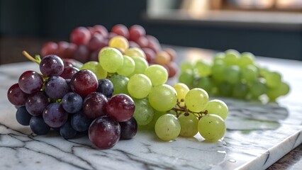 Several bunches of fresh, ripe grapes in a variety of colors, including red, green