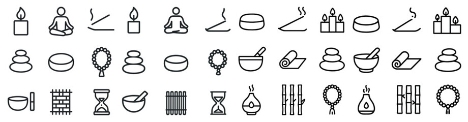 Zen and relaxation icons set in outline style – wellness, meditation, spa symbols