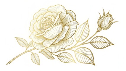 An elegant and beautiful hand-drawn illustration of a golden rose, 