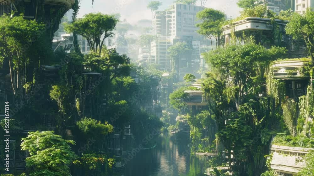 Poster a serene river flows gently through a dense and vibrant green forest, surrounded by trees and foliag