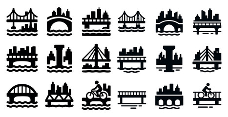 Bridge and city silhouette icons set – filled, solid, urban and infrastructure symbols