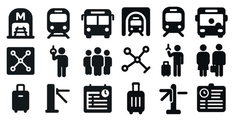 Transportation and commuter solid icons set &ndash; travel, transit, public transport graphics