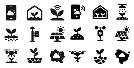 Sustainable agriculture icons set – solid, filled, farming and environment symbols