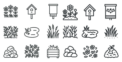 Naklejka premium Nature and garden outline icons set – linear, plants, landscaping symbols collection