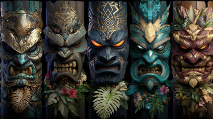 Obraz premium Traditional Hawaiian totem tiki mask collection. Cartoon vector illustration set of wooden tribal culture statue head with tropical leaves decorations. Face emotions with eyes, teeth and tongue.