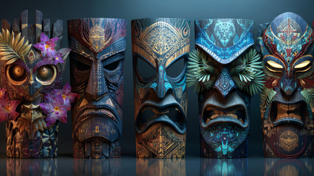 Traditional Hawaiian totem tiki mask collection. Cartoon vector illustration set of wooden tribal culture statue head with tropical leaves decorations. Face emotions with eyes, teeth and tongue. - Powered by Adobe