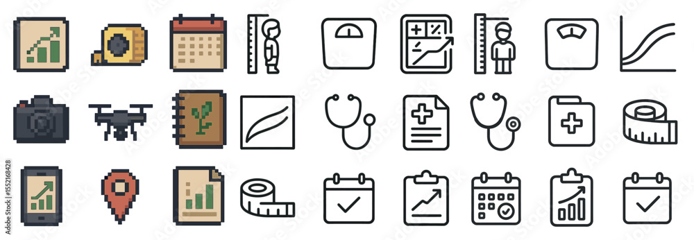 Poster data analysis pixel art icons set – linear, outline, statistics and metrics symbols