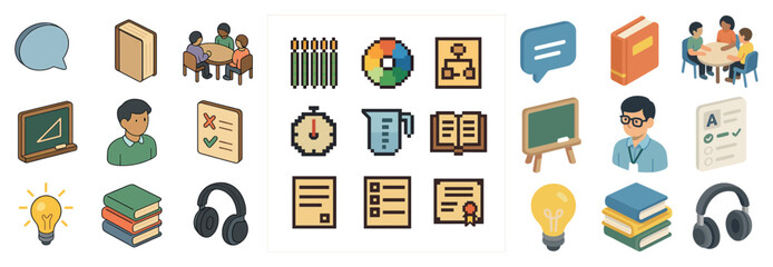 Fototapeta premium Education and learning icons set – isometric, pixel art, teaching and study symbols