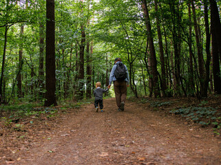 Nature walk with baby, family bonding in the forest. Mom holds baby's hand while walking along wide forest path