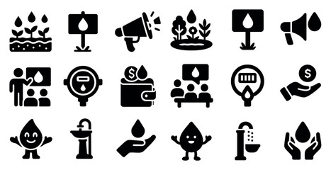Water conservation solid icons set – flat, filled, sustainability and eco-friendly symbols