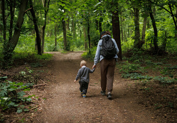 Nature walk with baby, family bonding in the forest. Mom holds baby's hand while walking along wide forest path