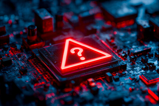 Close-up of a computer motherboard with a glowing red question mark symbol on the chip in a dark, tech-themed setting - Powered by Adobe
