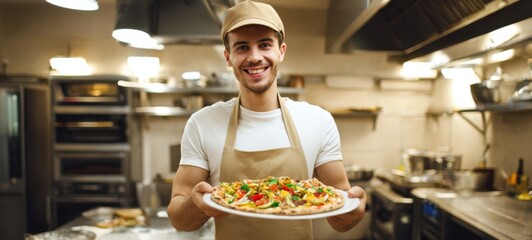 The cheerful chef presenting a delicious homemade pizza in a busy kitchen.