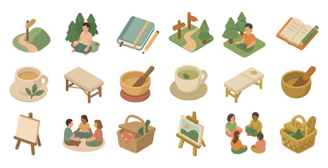 Nature and meditation isometric icons set - mindfulness, relaxation, calming symbols