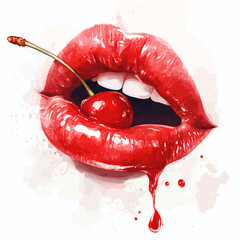 Red lips with cherry on cocktail stick and dripping juice  