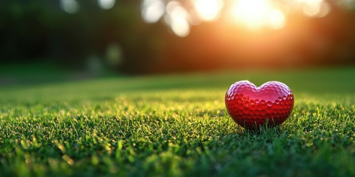 Unique golf ball shaped like a heart resting on green grass during sunset hours in a serene outdoor location