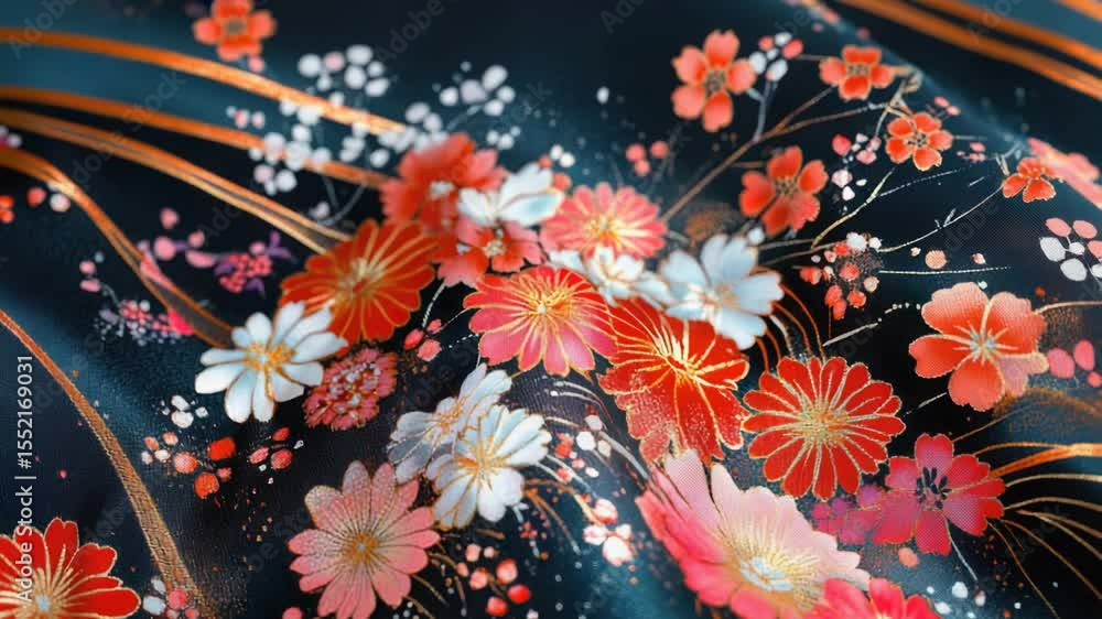Poster close-up shot of a colorful floral pattern on a textile material