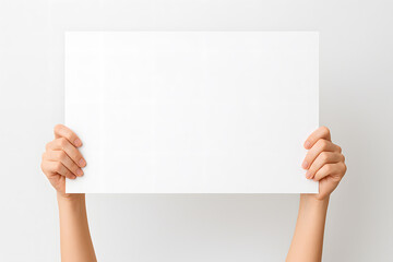 Hands holding blank white sign closeup isolated on white background