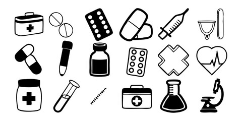 Vector Symbols for Health, Treatment, Emergency Care, and Pharmaceutical Products, Isolated on White.
