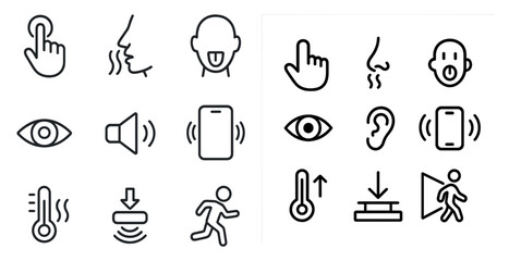 Human senses outline icons set – linear, vector, sensory and perception symbols