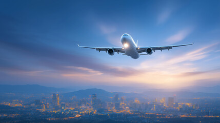 Airplane over city skyline with gentle lighting in urban setting