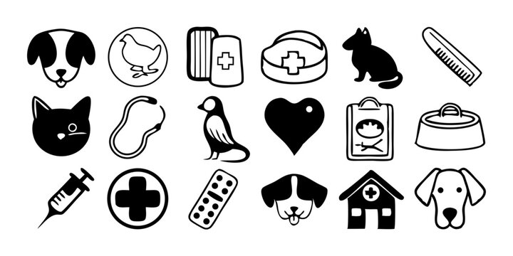 Set of Veterinary Medicine and Pet Care Icons in Black and White Outline and Solid Styles.