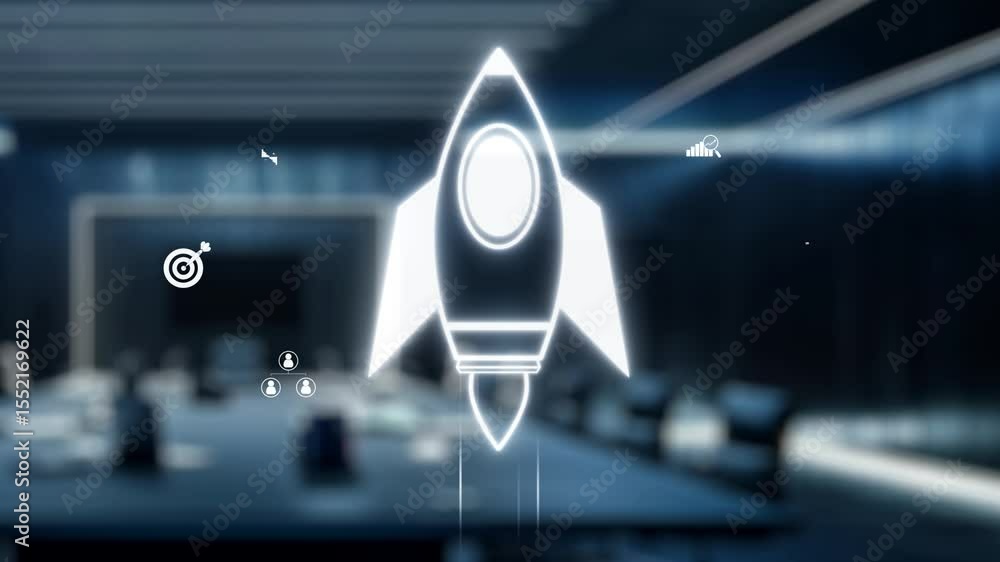 Poster a robotic arm points towards a stylized rocket icon accompanied by various business graphics in a sl