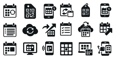 Calendar and reminder icons set – solid, silhouette, scheduling and date management tools
