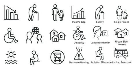 Fototapeta premium Social issues outline icons set – societal, challenges, community symbols