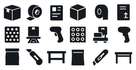 Packaging and shipping solid icons set – filled, logistics and delivery symbols