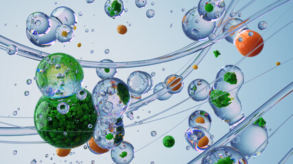 Colorful Microscopic Spheres in Liquid Representing Science Molecular Biology