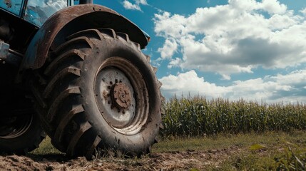 Large agricultural tire on a tractor, in a field of corn.