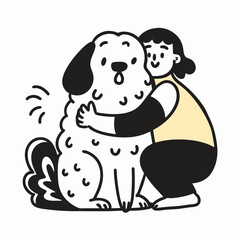 Fototapeta premium Happy Girl Hugging Big Fluffy Dog, Cute Cartoon Illustration