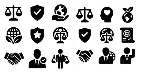 Environmental and justice solid icons set – filled, legal, eco-friendly symbols