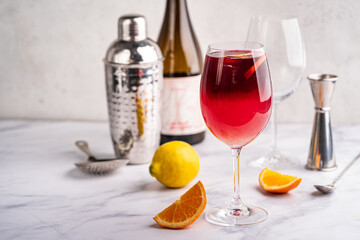 Glass of red wine spanish famous traditional fruity sangria gourmet cocktail or vino de verano, tinto de verano drink. High quality photo
