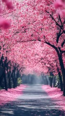 Pink cherry blossoms carpet a pathway through a tree-lined avenue.