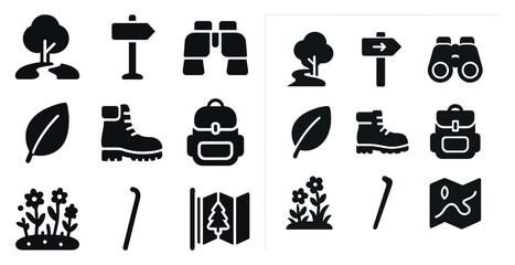 Outdoor adventure silhouette icons set – solid, camping, hiking, nature symbols