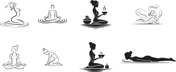 Spa Silhouette Line Art | Black & White Wellness Icons

