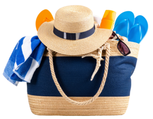 Firefly_PNG Bag with accessories and beach stuff handbag purse white background