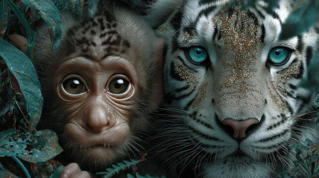 Jungle party flyer, invitation card to kids entertainment event with cartoon funny monkey and tiger cub in rainforest. Amusement with wild nature exotic animals at tropical forest, vector illustration