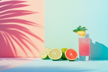 Refreshing citrus drink with lemons and grapefruit on colorful background