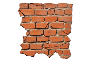 Red Brick Wall Crack Closeup on Transparent Background